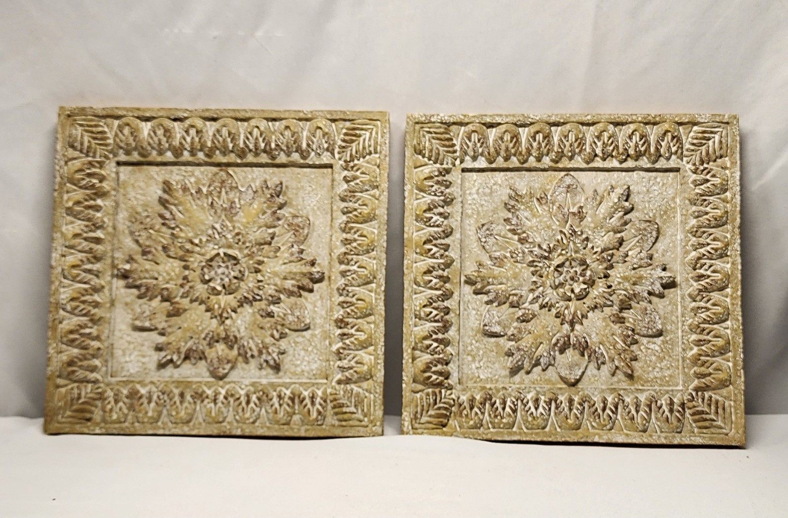 Set of 2 Beige/Brown Embossed Floral Relief Ceramic Wall Decor 8×8