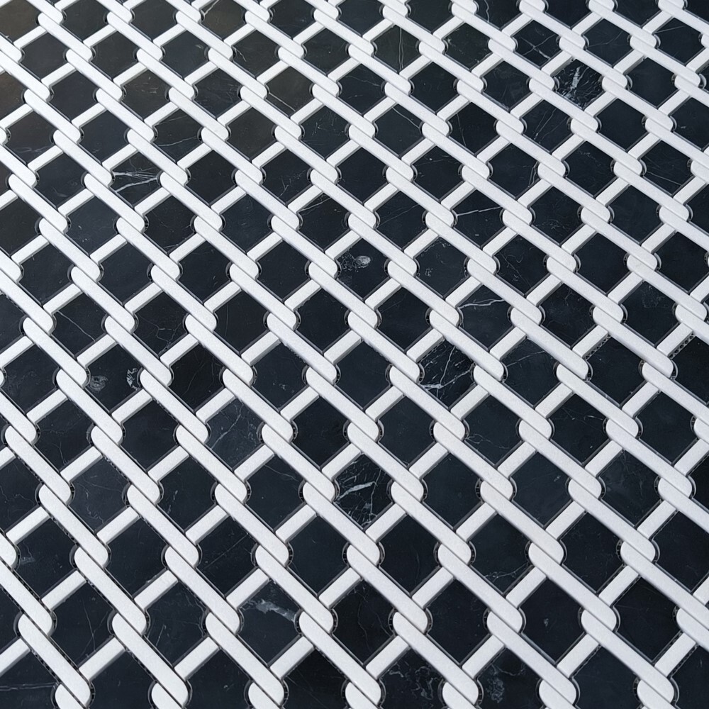 N2D5XP Nero Marquina Black Marble Princess Weave Rope Mosaic Tile White