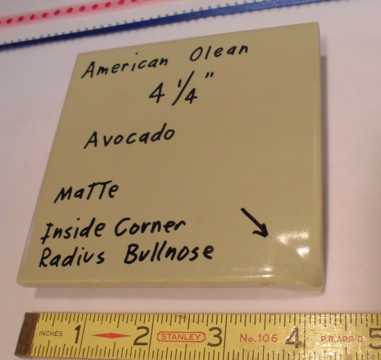 Avocado Green: Matte Radius Inside Corner Bullnose Ceramic Tile 4-1/4″ A.O.