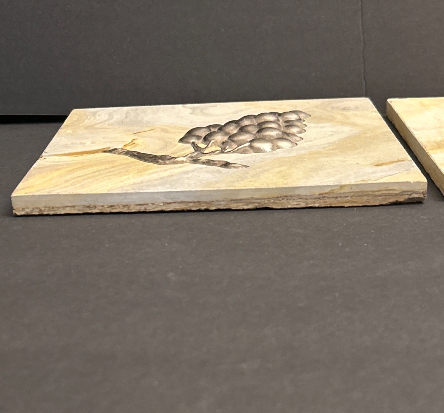 Marble with Inlaid Metal Grapes SET of 2 Designer 8″ x 8” Accent Tiles Tan Lot