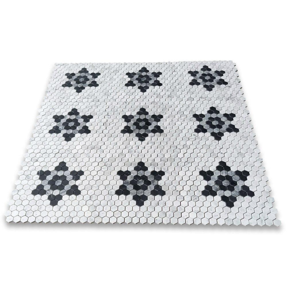 C31F81XH Carrara White Marble 1 inch Hexagon?Hexastar?Mosaic Tile Black Gray