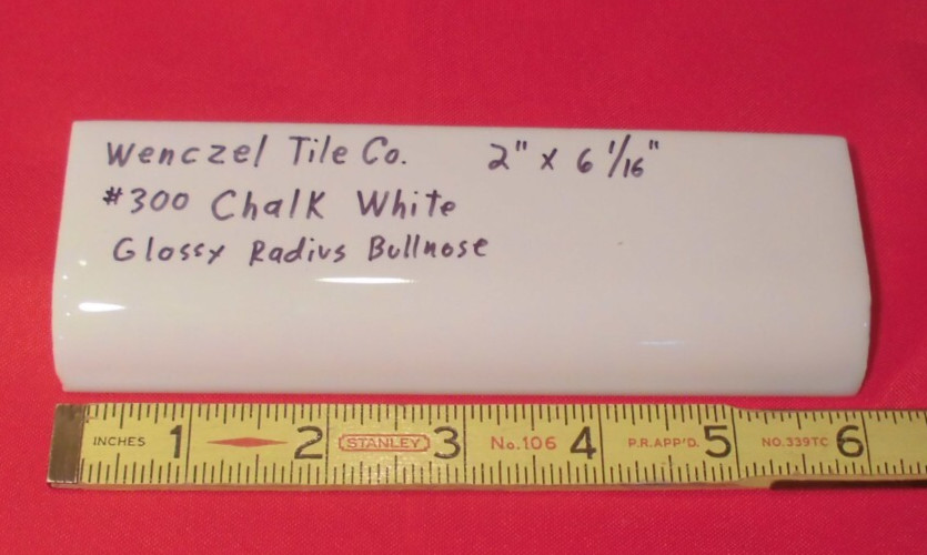 1 pc. Chark White: Glossy Ceramic Bullnose Tile by Wenczel 2″ X 6-1/16″ Mud-Cap