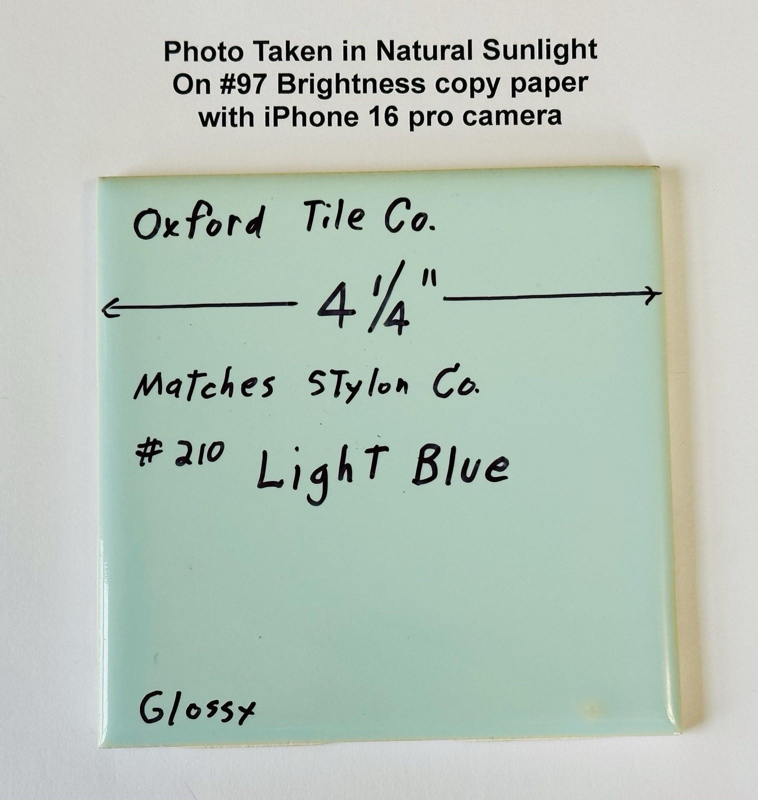 1 pc. Light Blue: 4-1/4″ Glossy Ceramic Tile by Oxford Co. matches Stylon #210