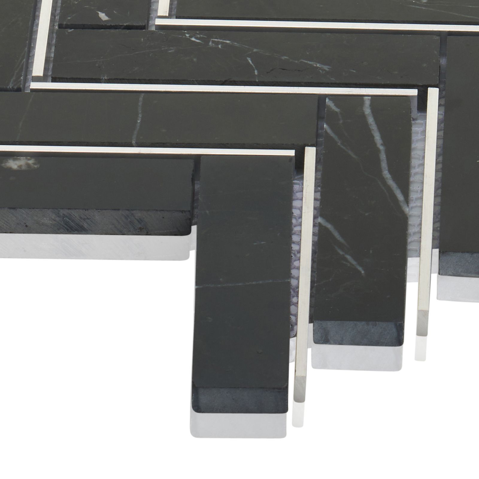 Marquina Black Marble Stone Silver Metal Inlay Herringbone Kitchen Backsplash