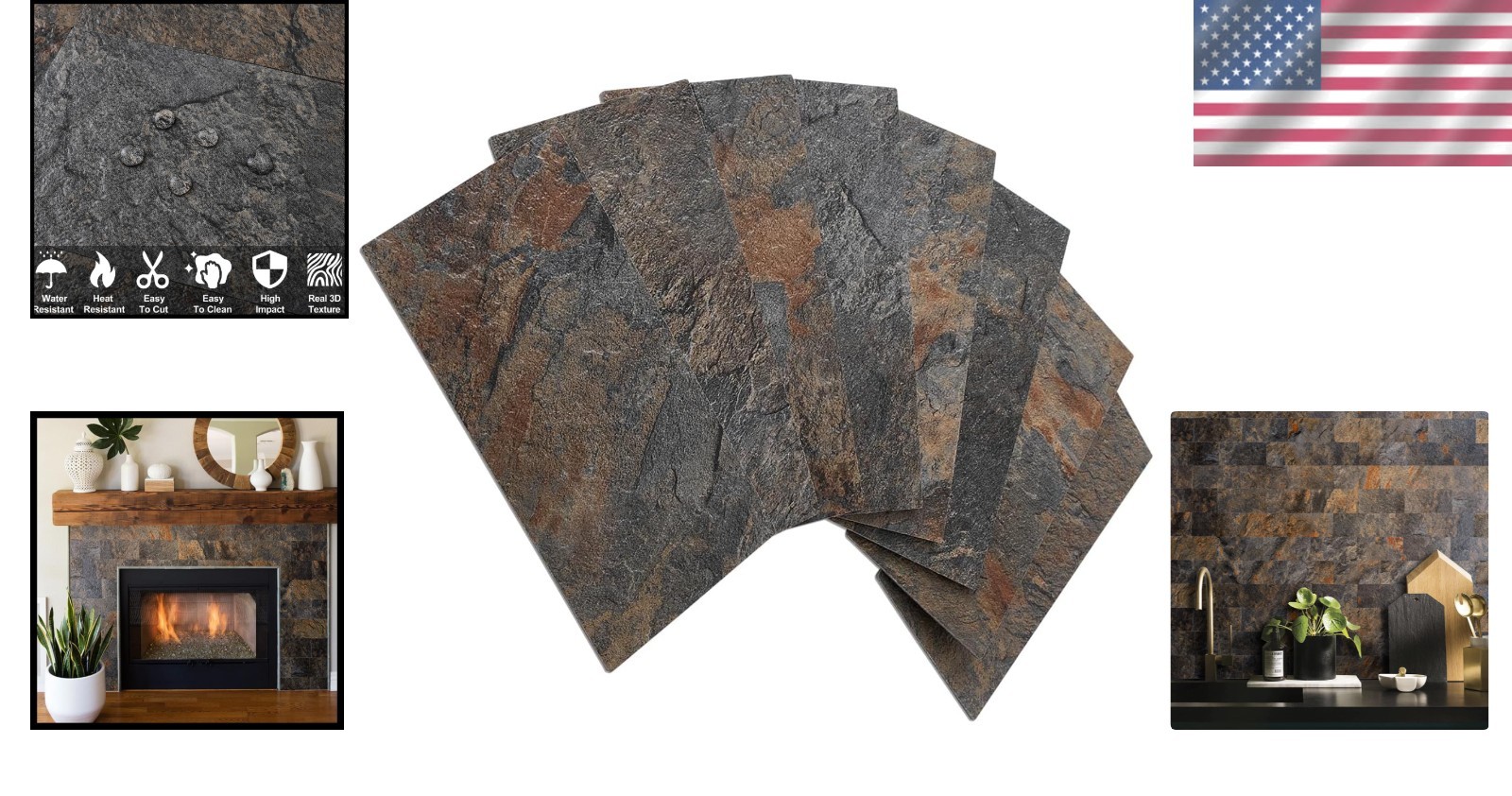 Rust Slate PVC Stick on Tiles for Kitchen, Bathroom, 100PC
