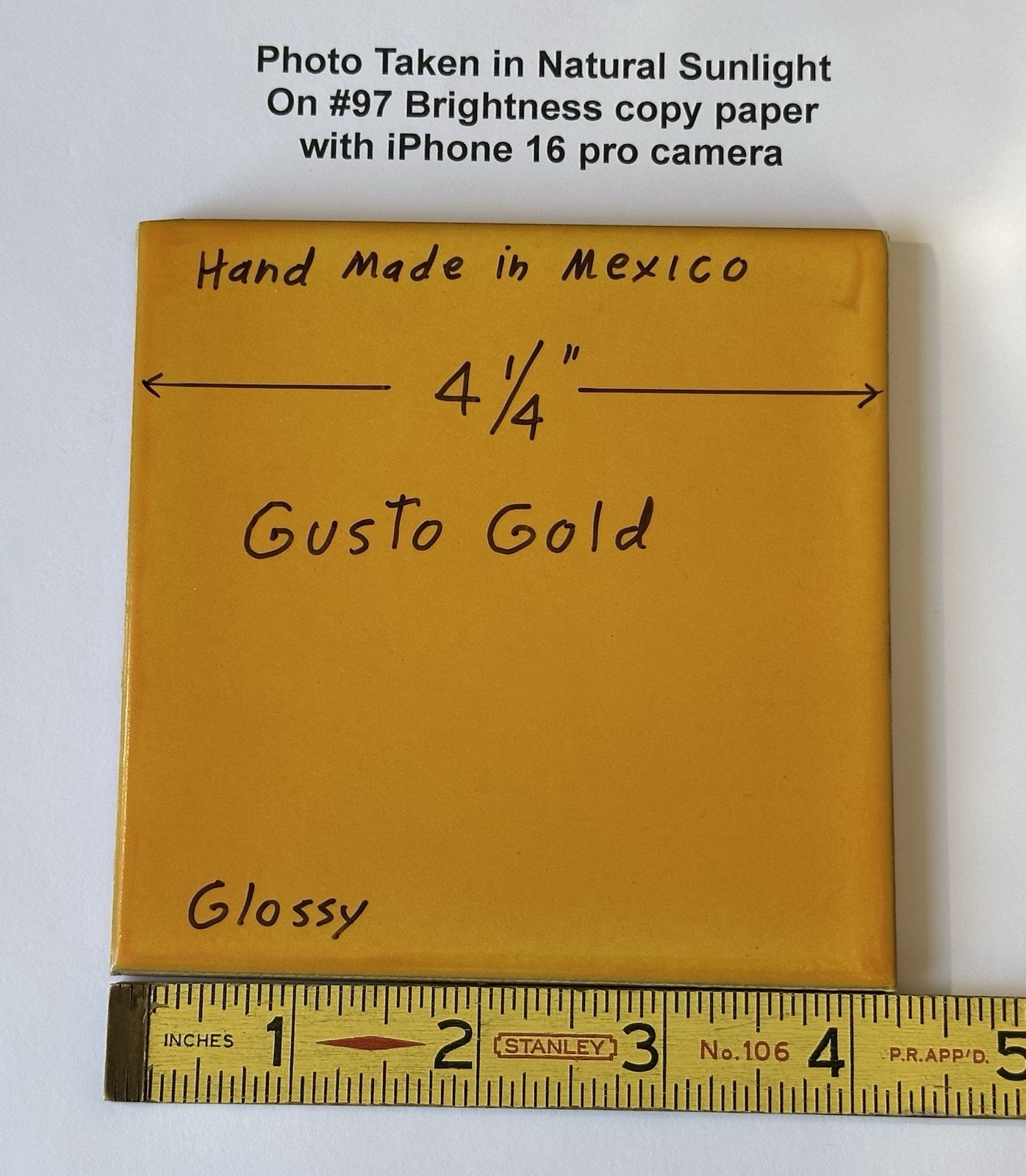 1 pc. Golden-Yellow: 4-1/4″ Hand-Made in Mexico, Glossy Red-Clay Ceramic Tile