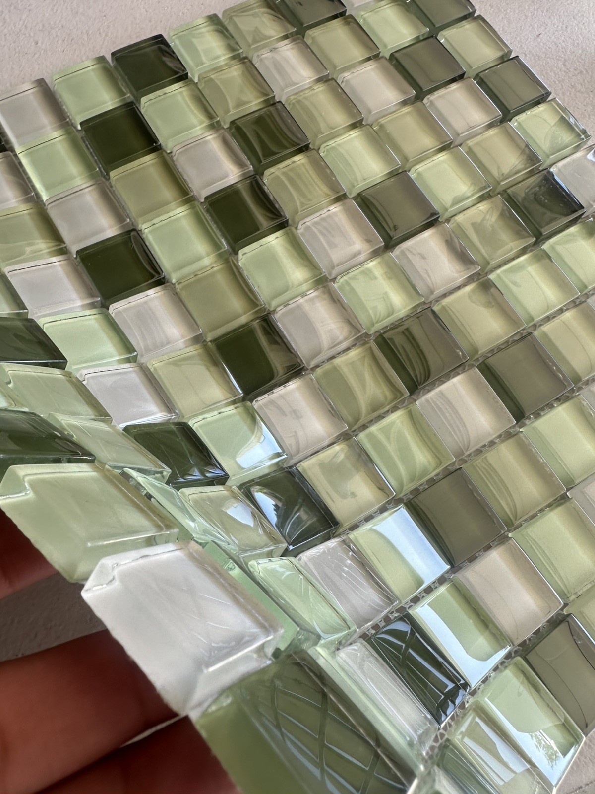 Light green Mix Glossy Glass Mosaic 1″x1″ Stacked Mesh Mounted