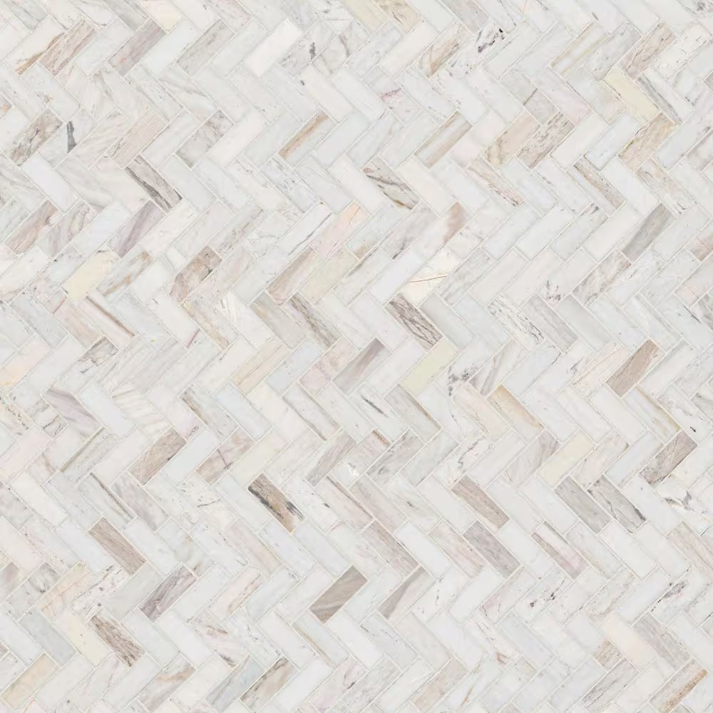Angora Herringbone 12 In. X 14 In. X 0.38 In. Polished Marble Mesh-Mounted Mosai
