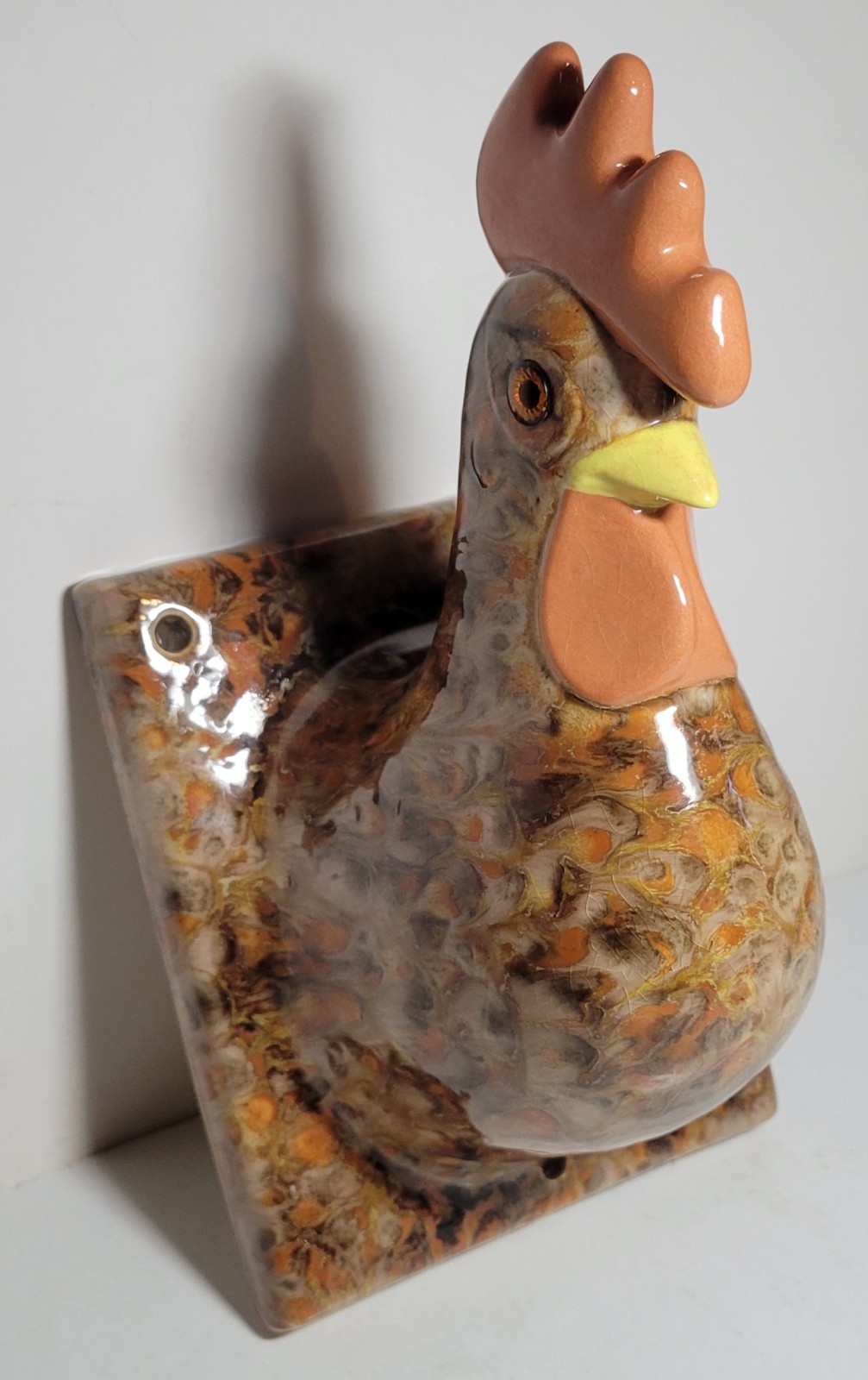 Unque Ceramic Wall Tile 3D Chicken- Rooster Head Glass Eyes Makers Mark dL