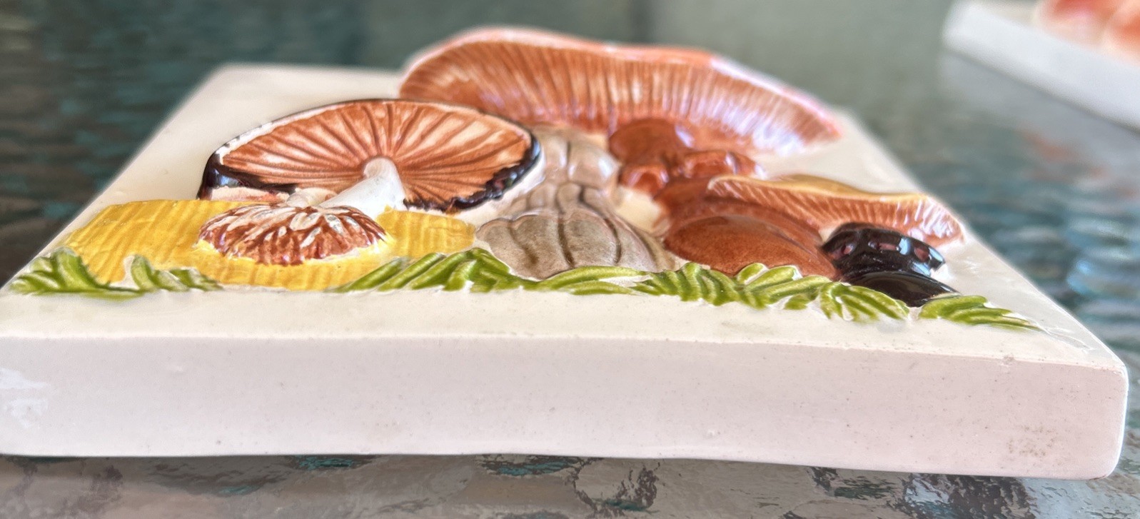 Vintage 1970s Lot of 3 Ceramic Wall Tiles Mushrooms 3 D Handmade 5″ Ivory/Brown