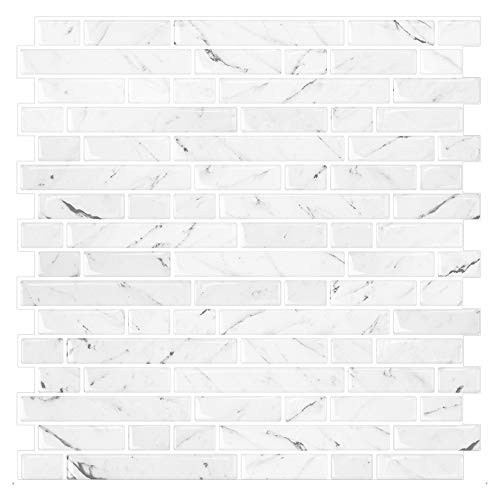 -Sheet White Marble Look Peel & Stick Backsplash, 12”X12” Stick 10 Marble White
