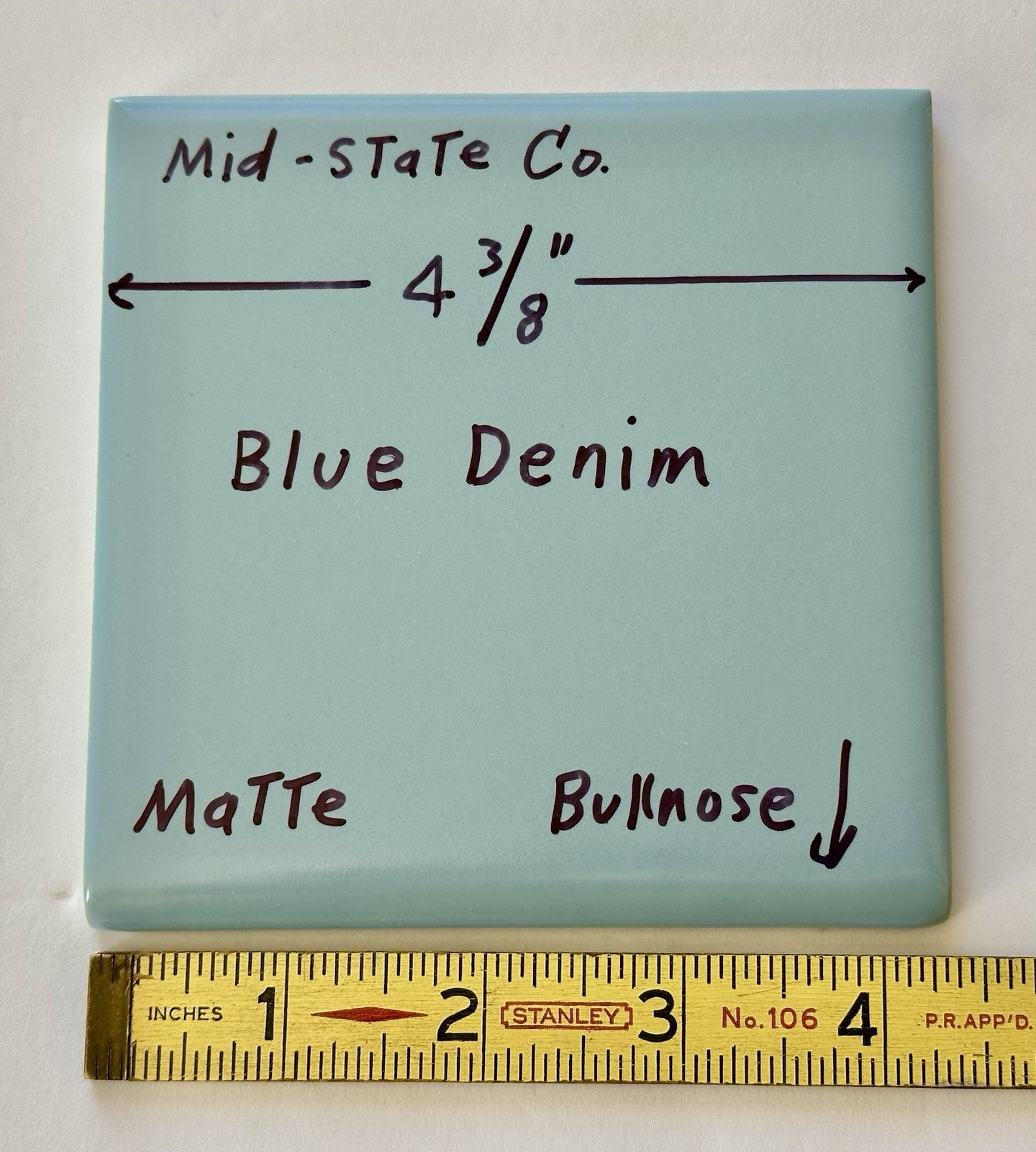 1 pc. Blue Denim: Bullnose Matte Ceramic Tile 4-3/8″ by Mid-State Co. NOS
