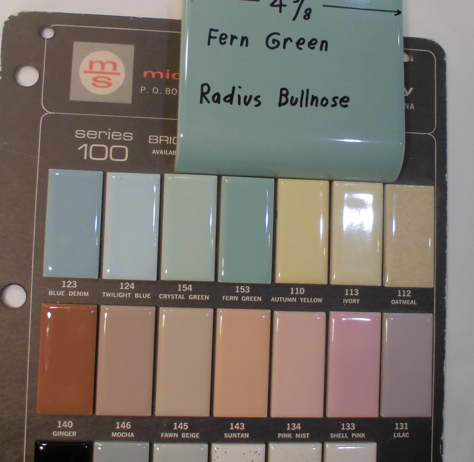 1: Fern Green Radius Bullnose Ceramic Tile 4-3/8″ by Mid-State: Glossy Mudd Cap