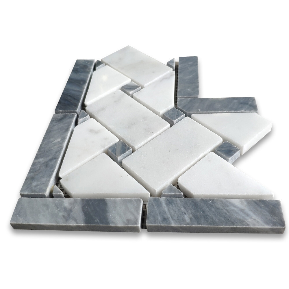 C657CXP Basketweave Mosaic Corner Carrara White Marble Dark Gray Dots Polished