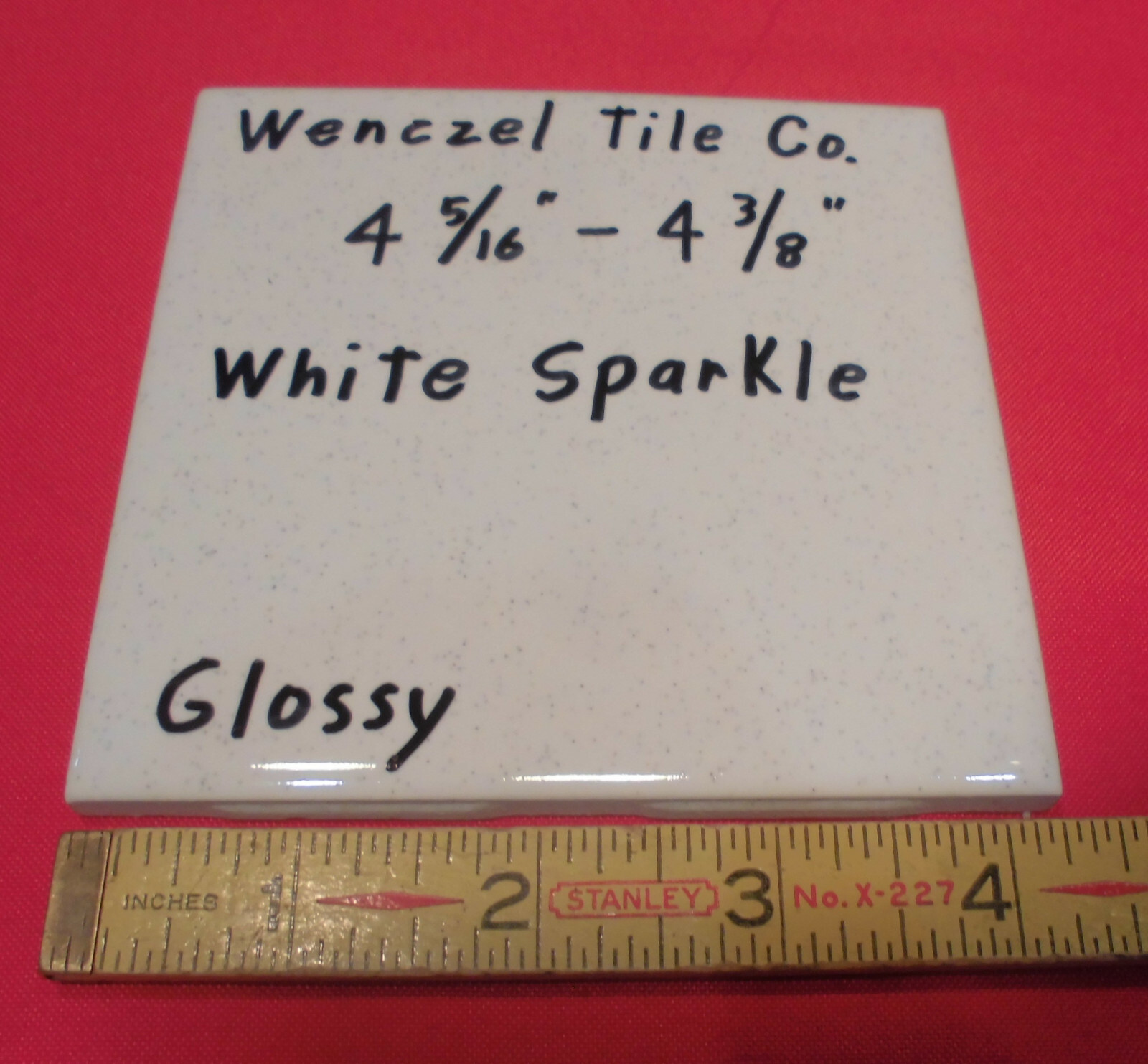 1 pc. Vintage *White Sparkle* Glossy Ceramic Tile by Wenczel 4-5/16″- 4/3/8″