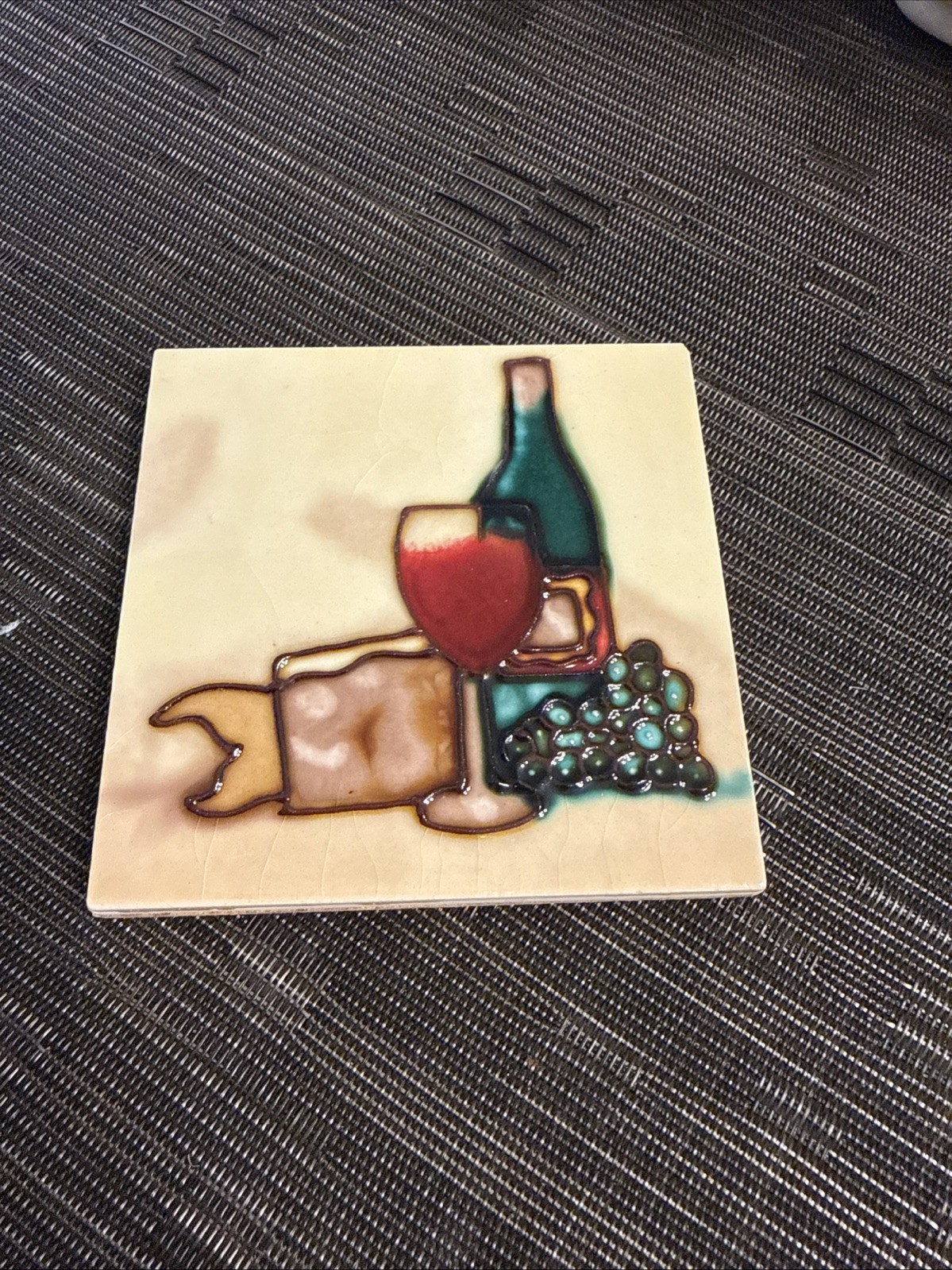 Wine Bottle Glass Grapes Cheese Decorative Ceramic Wall Art Tile 8×8 W/Cork