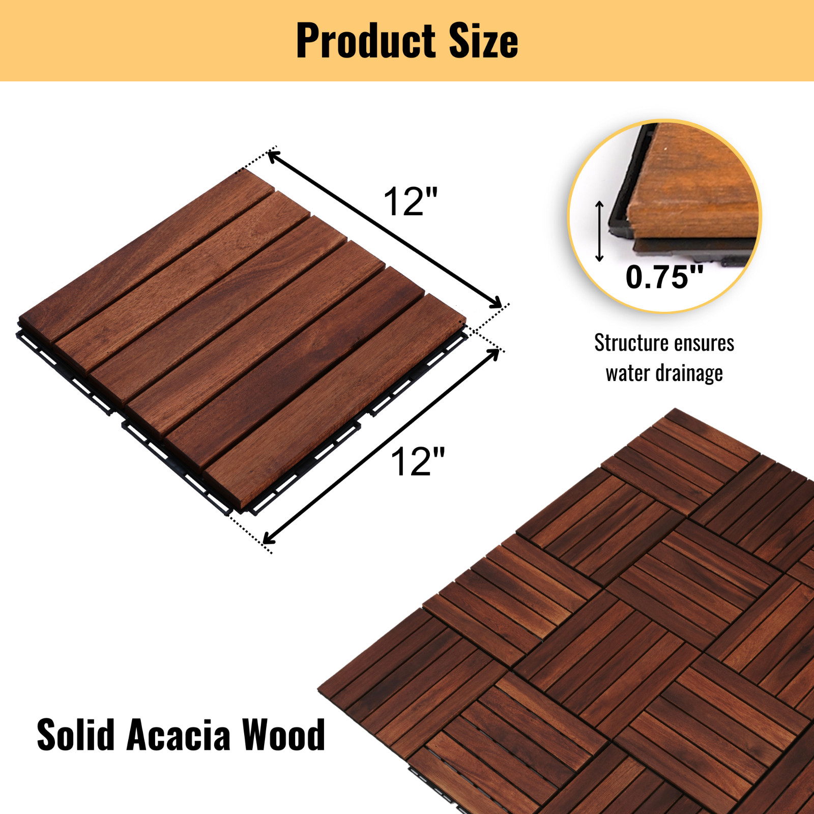 30Pack Interlocking Deck Tiles 12″ x 12″ Square Acacia Hardwood Outdoor Flooring