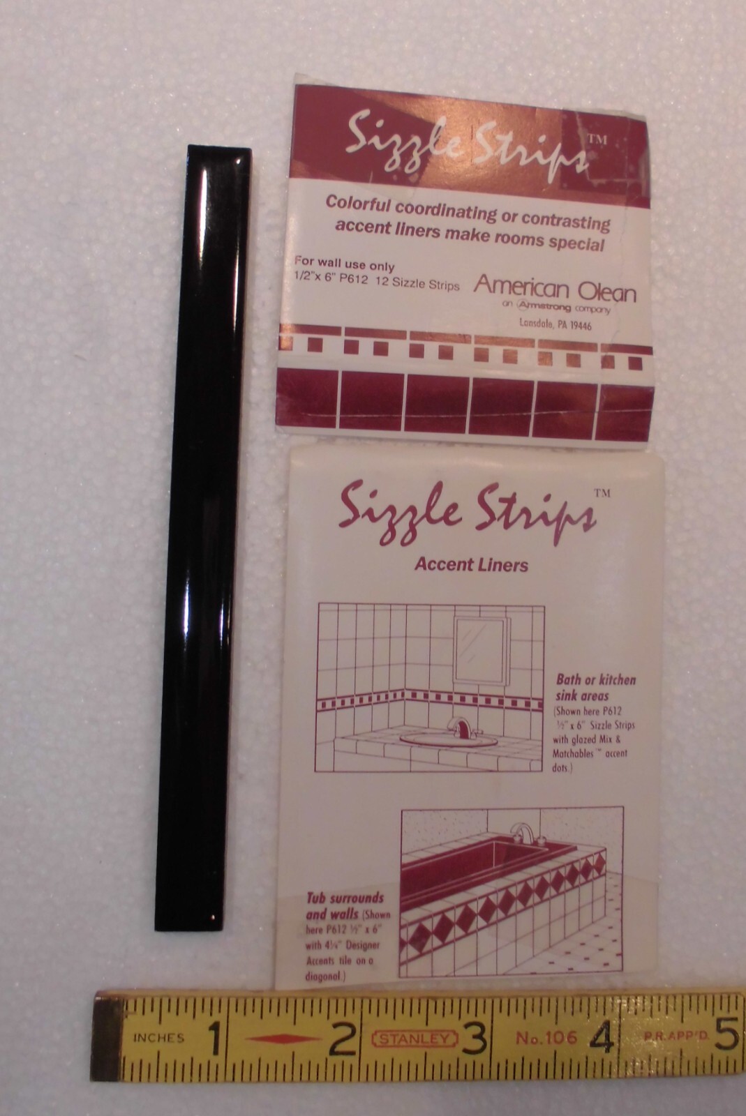 Gloss Dark Black Ceramic Liner-Sizzle Tile 1/2″ X 6″ American Olean, made 1960’s