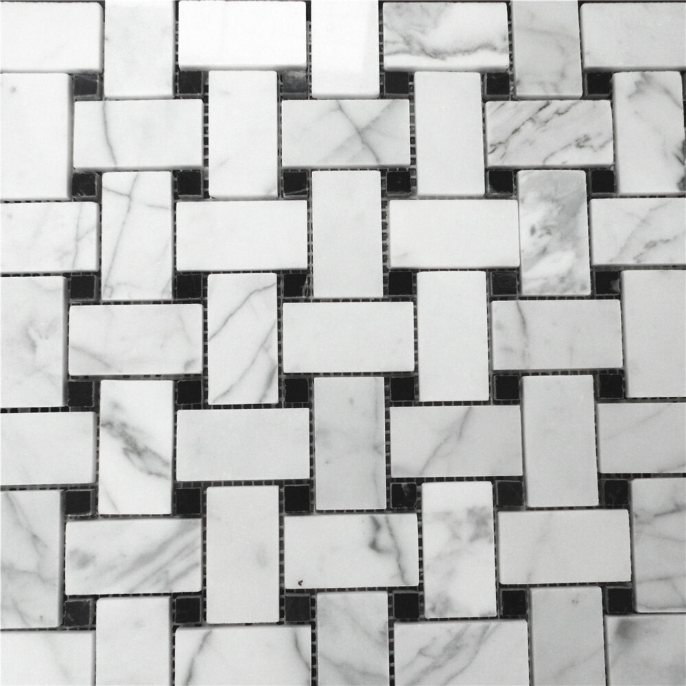 C651XP Carrara Marble Basketweave Mosaic Tile Carrera Black Dots Polished 1×2