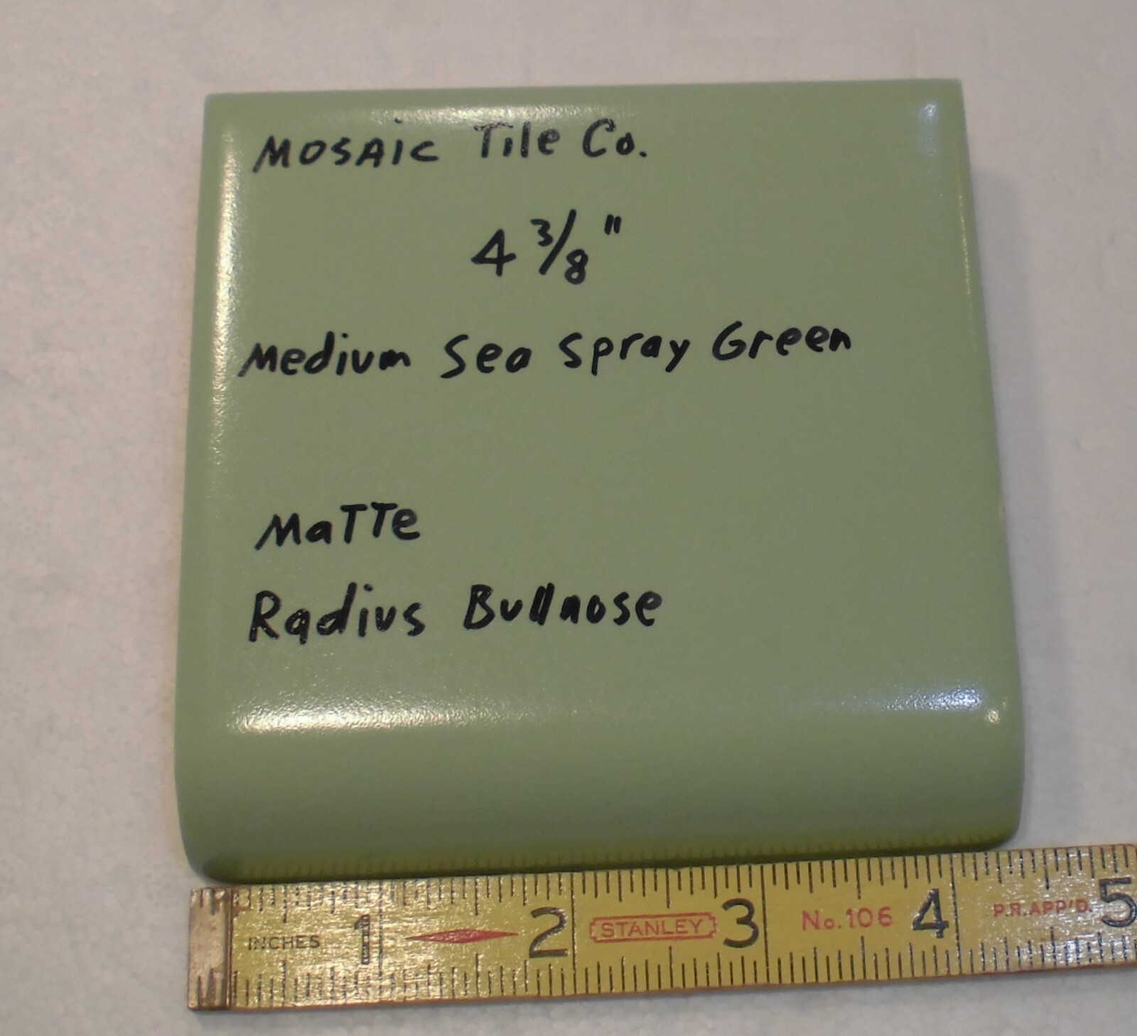 1 pc. Medium Sea Spray Green: Matte Radius Bullnose Ceramic Tile 4-3/8″ NOS