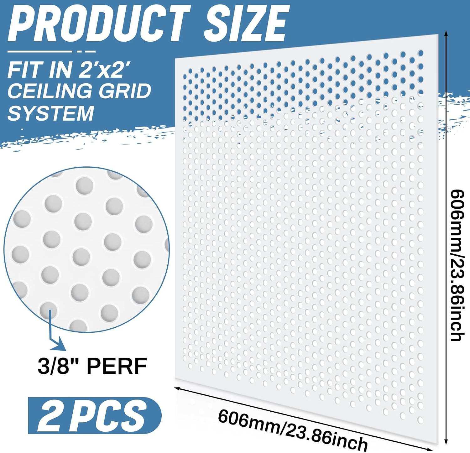 2 Pack 2′ X 2′ Plastic Perforated Tiles with 3/8″ Holes 24″ X 24″ White Drop Cei
