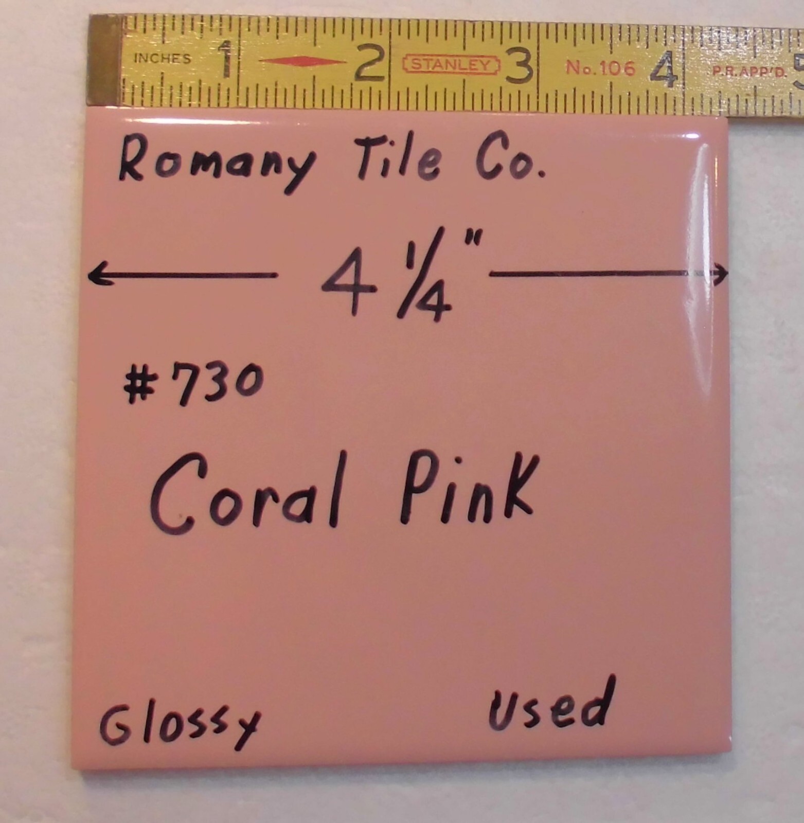 1 pc. Coral Pink #730 by Romany Tile Co. 4-1/4″ Glossy Ceramic from 1940’s Used
