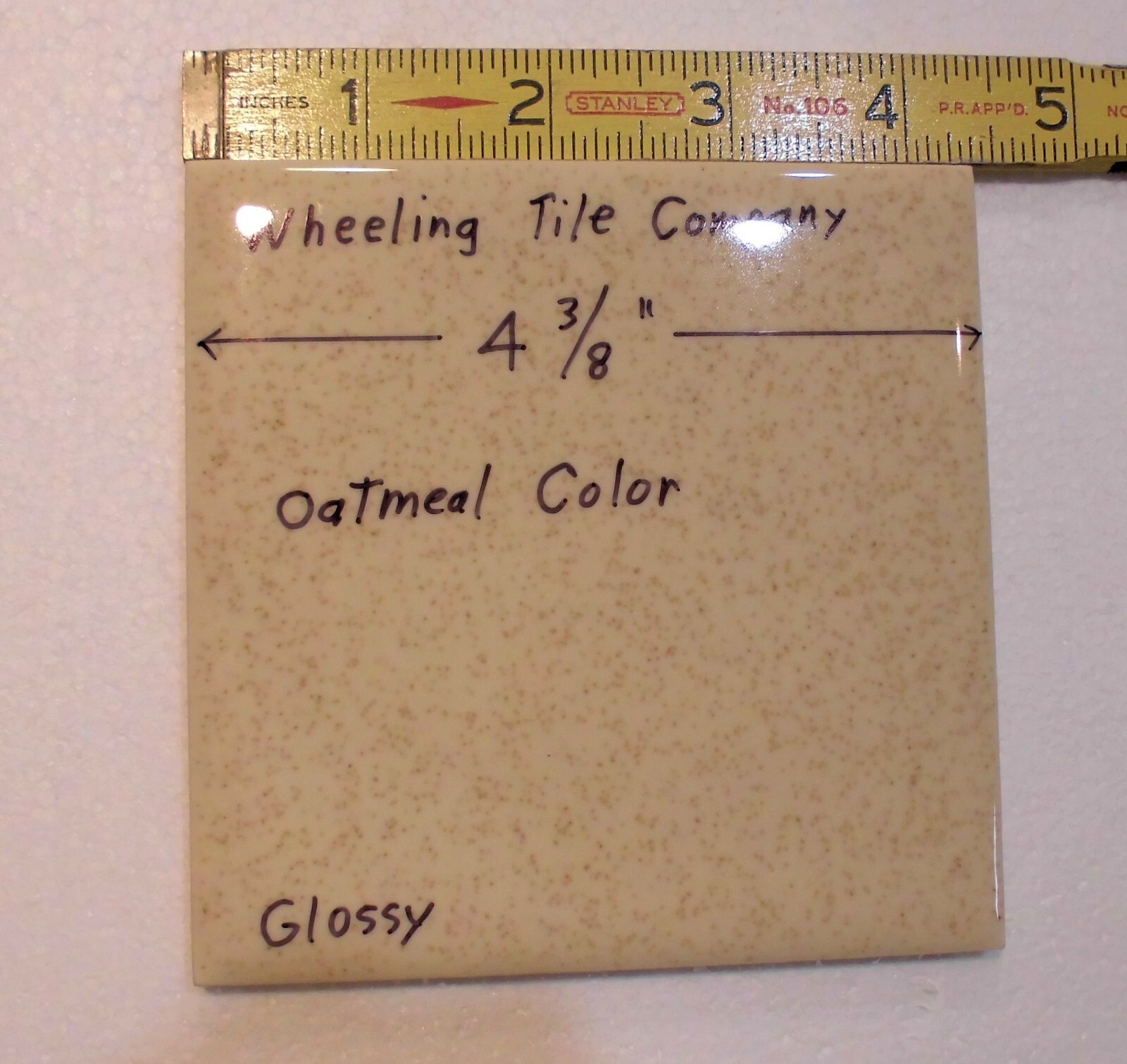 1 pc. Speckled Beige: 4-3/8″ Vintage Glossy Ceramic Tile by Wheeling Co. NEW