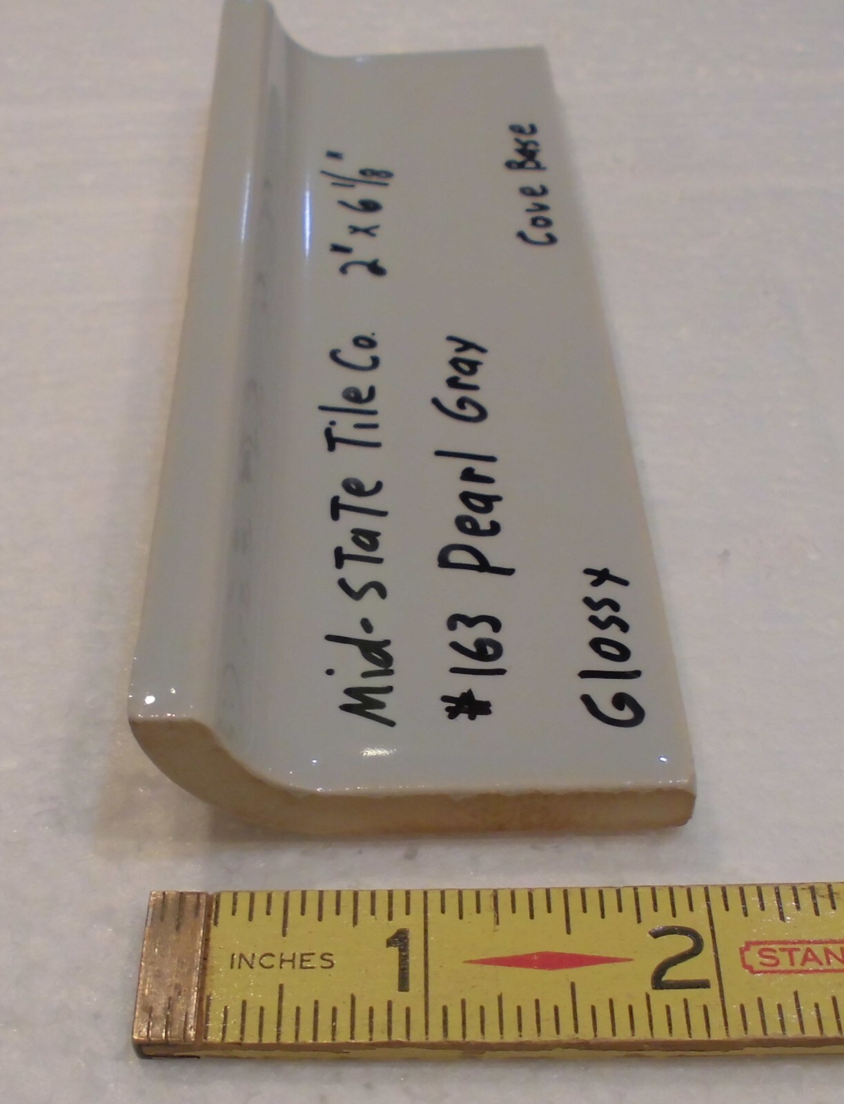 1 pc. Pearl Gray: 2” X 6-1/8” Glossy Ceramic Cove Base Tile, Flat Top, NOS