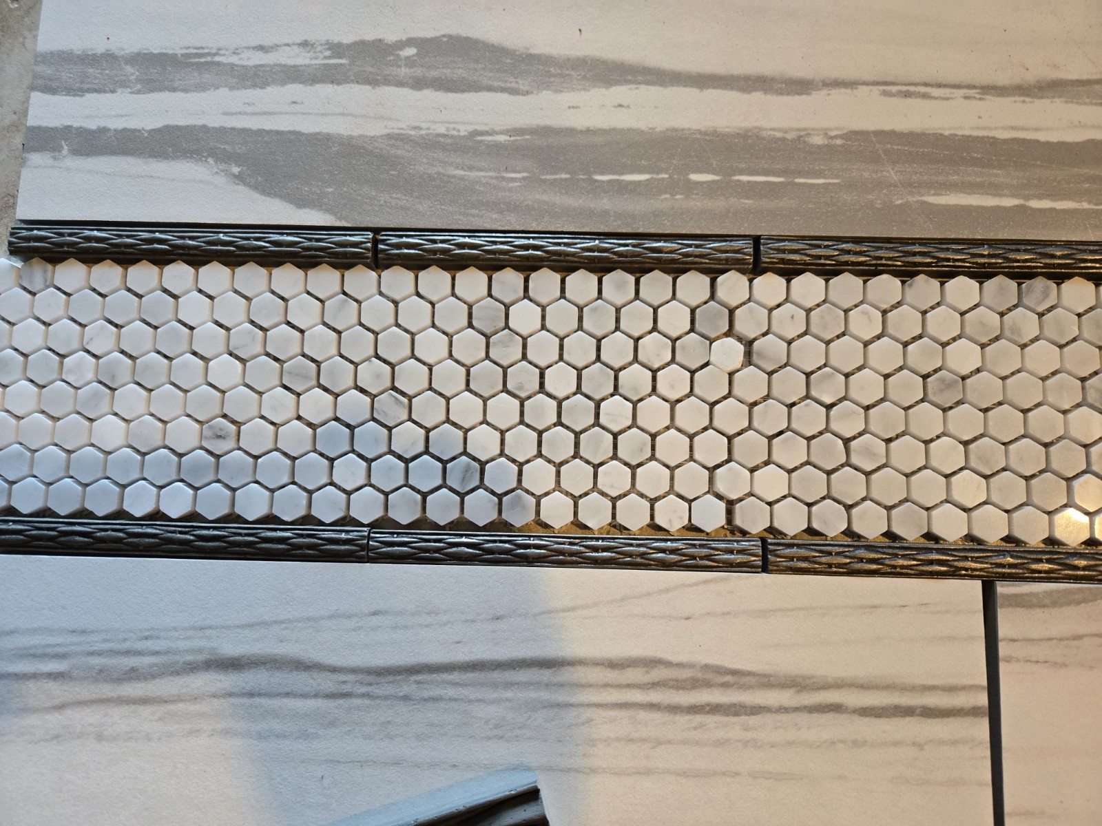Basket Weave Pewter Tile Pencil Liner Metal Border. Brushed nickel satin finish.