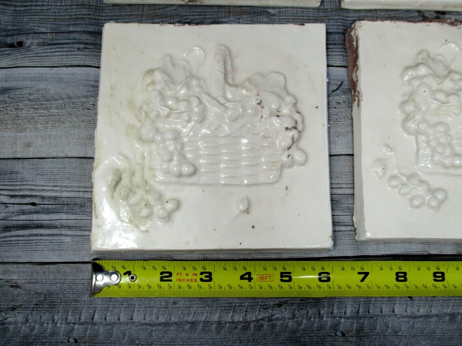 Vintage Ceramic Tile 6 inch white raised grape fruit basket country kitchen