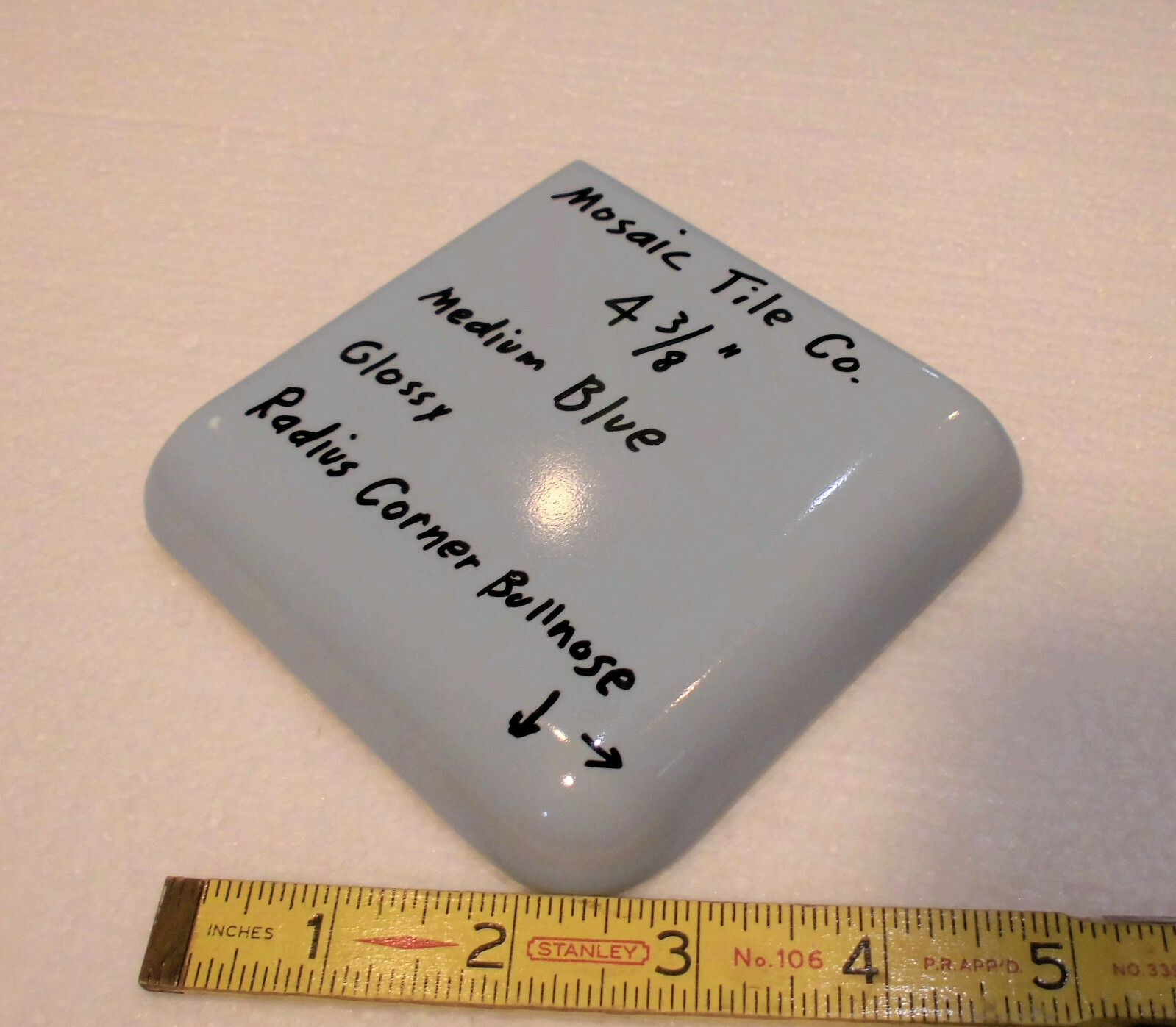 1 pc. Medium Blue – Gray; Radius Corner Bullnose Ceramic 4-3/8″ Glossy; Mosaic