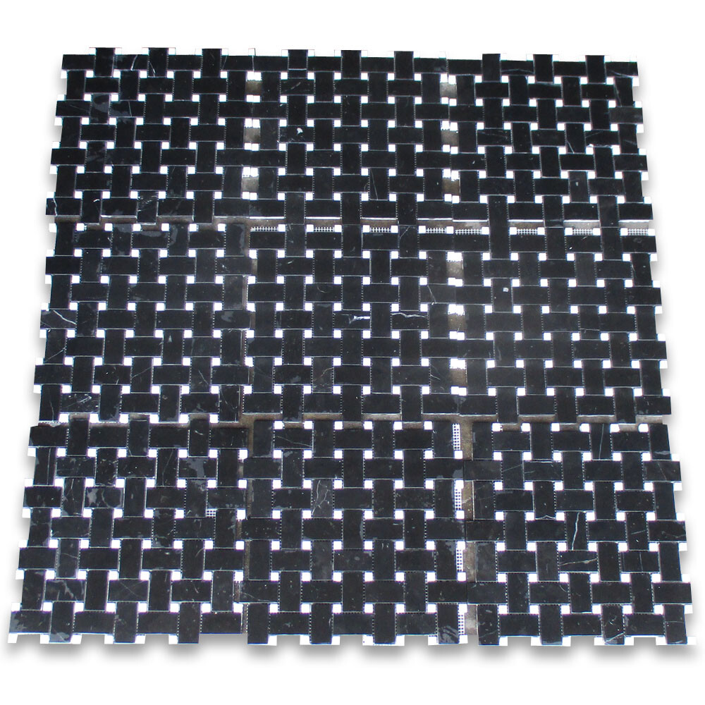N655XH Basketweave Nero Marquina Black Mosaic Tile w/ White Marble Dots Honed