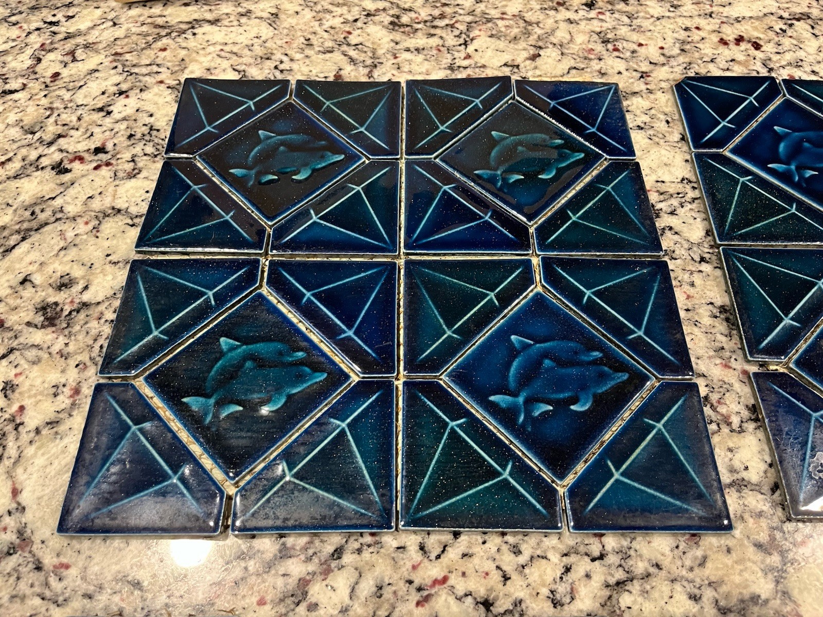Ceramic Mosiac Tiles Dolphin Ocean Nautical Theme 6 Pcs 12” X 12” New Old Stock