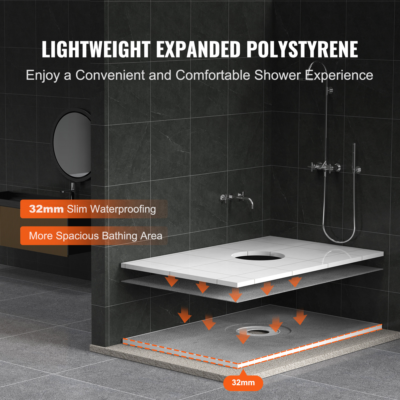 VEVOR Waterproofing Shower Curb Tray Kit 48″x72″ w/ Central Drain Thickened