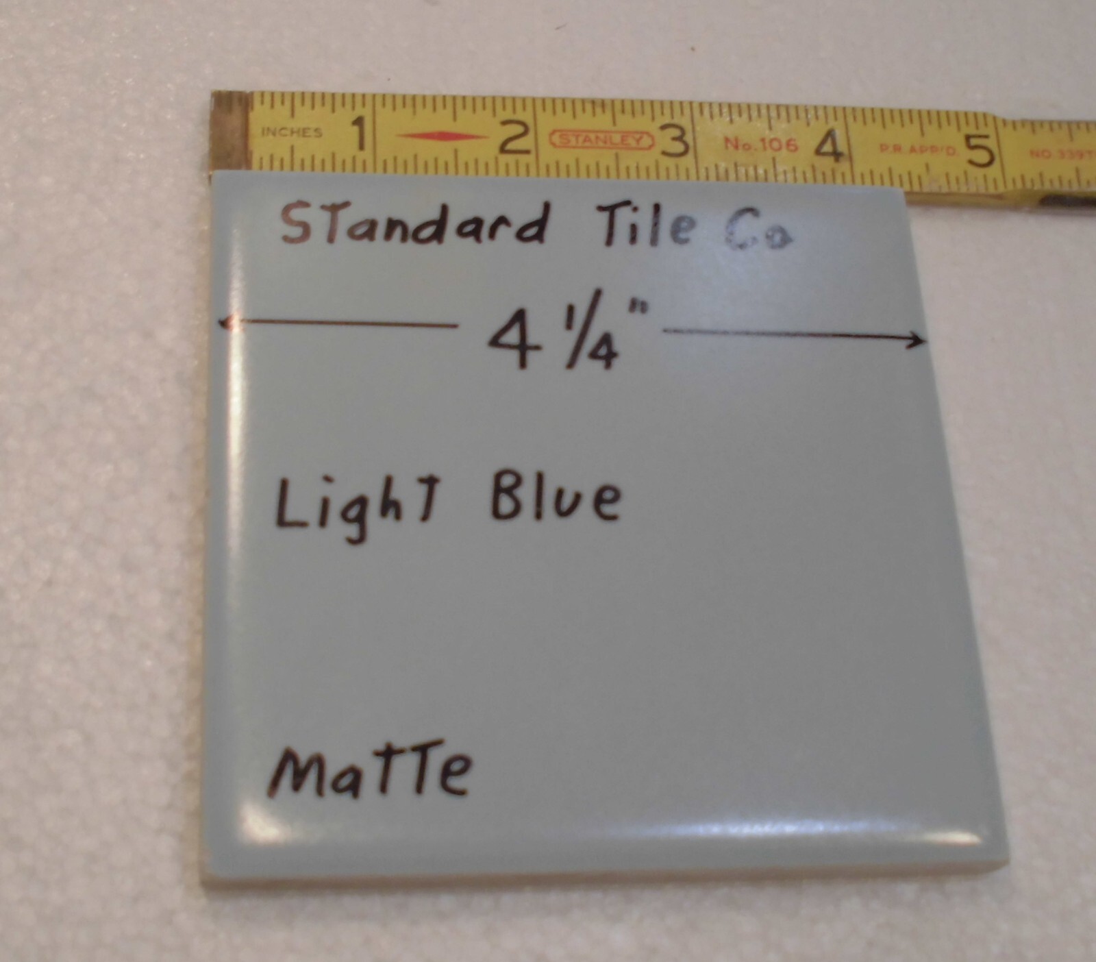 1 pc. Matte Light Blue Ceramic Tile: made by Standard Tile Co. 4-1/4″ NOS
