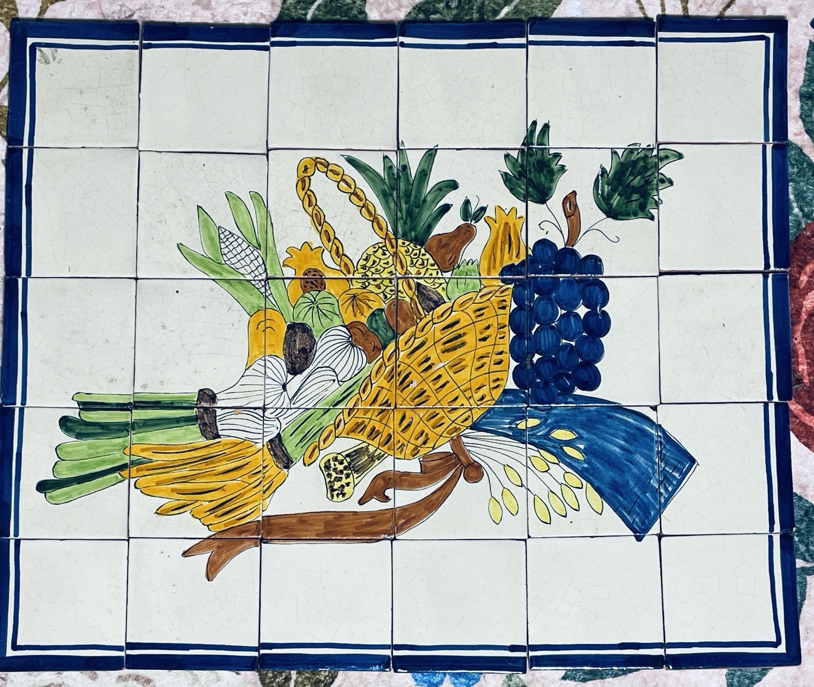 Vintage Mexican Talavera TILE MURAL Backsplash Fruit Basket 24”x20”