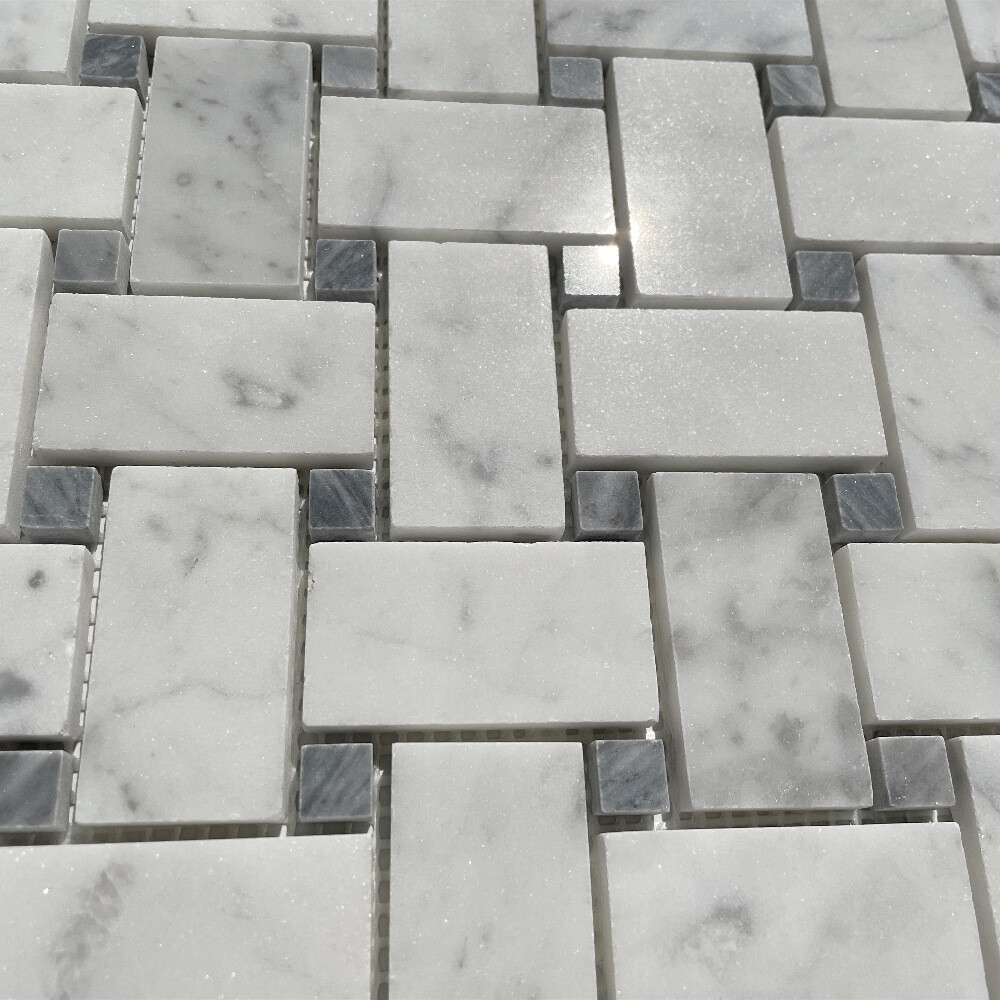 C657XP Basketweave Carrara White Marble Mosaic Tile Dark Grey Dots Polished