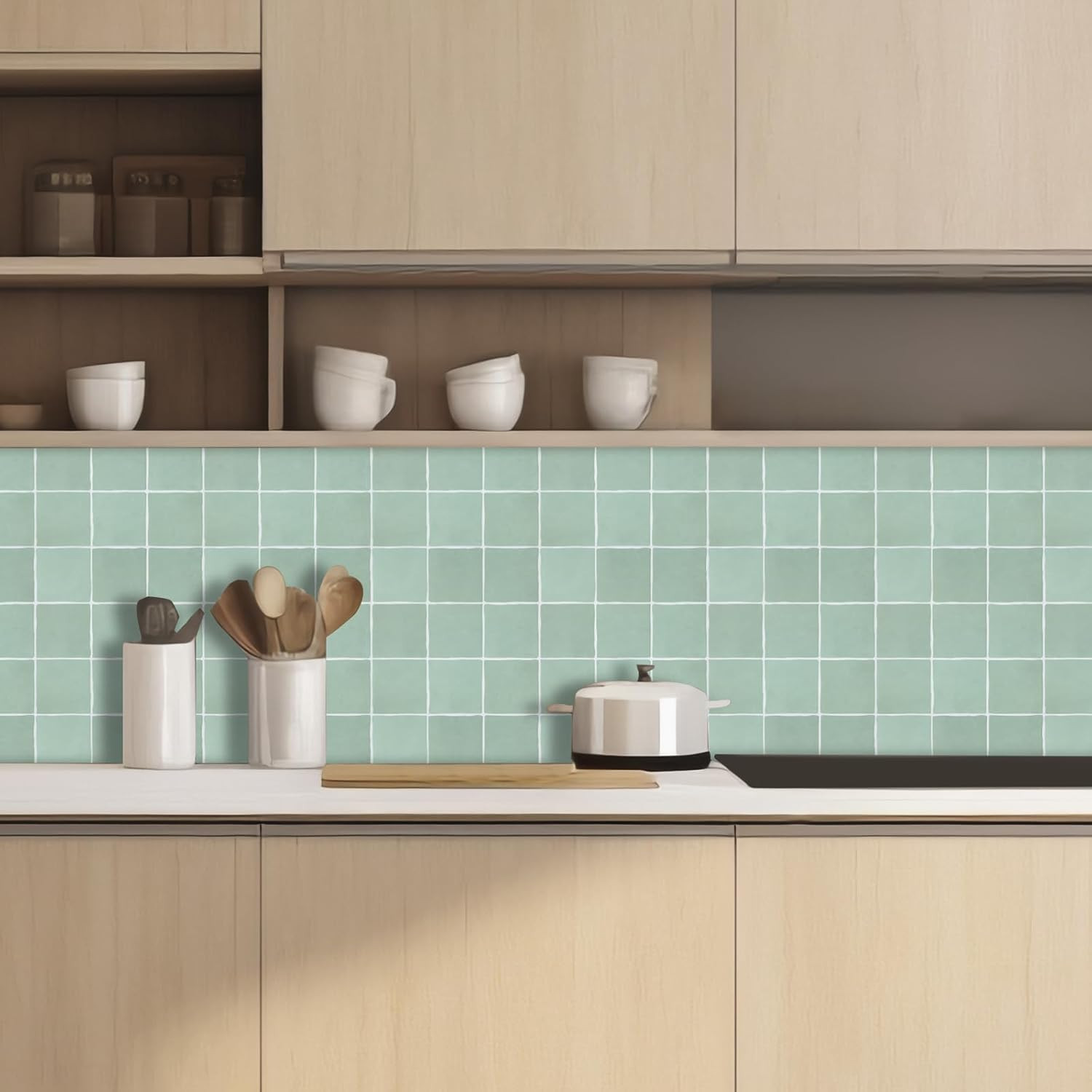 10-Sheet Peel and Stick Backsplash Tiles, Sage Green Self Adhesive Backsplash, G