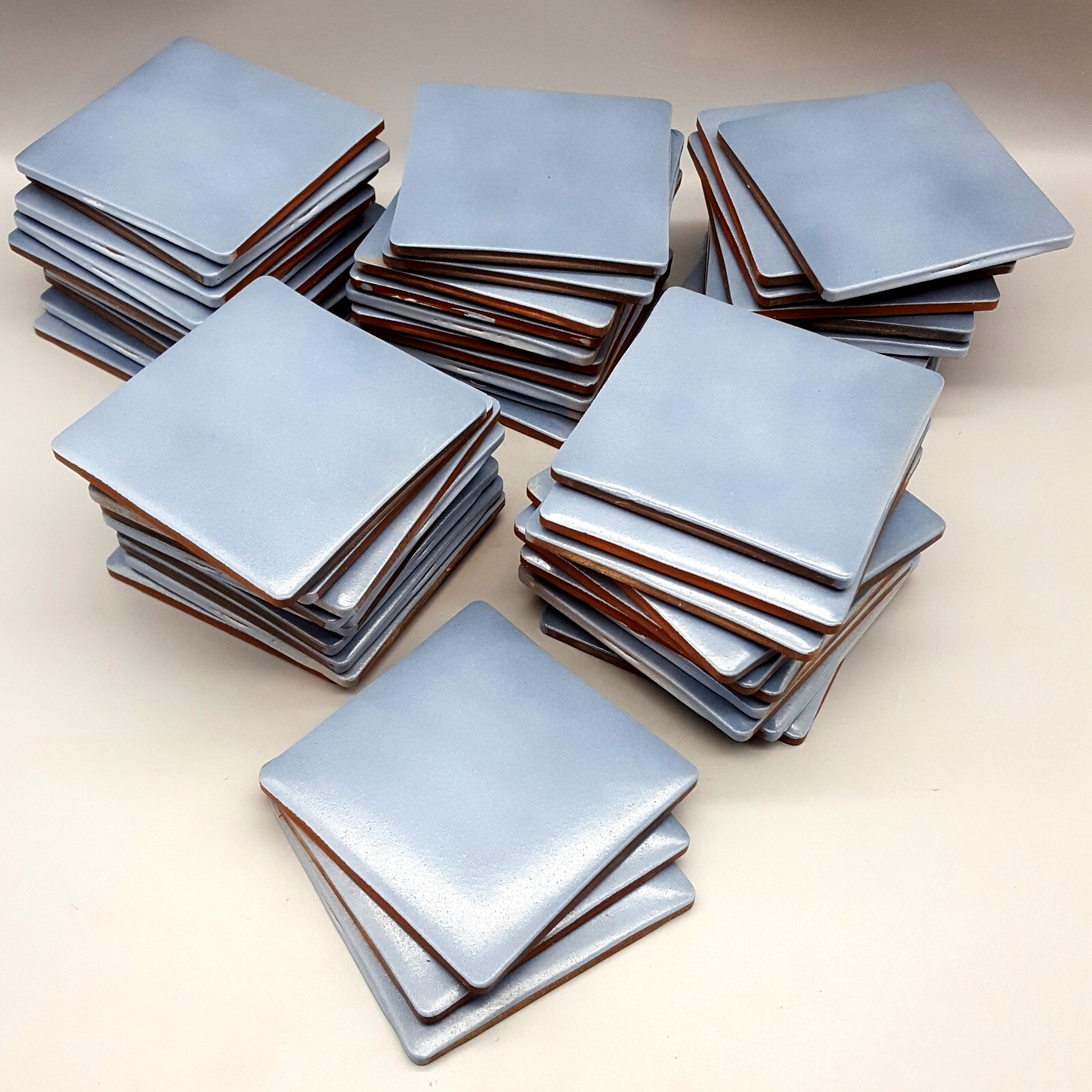 53 Small 4×4″ Unused Ceramic Tiles From Spain, Subdued Solid Blue Gray Semigloss