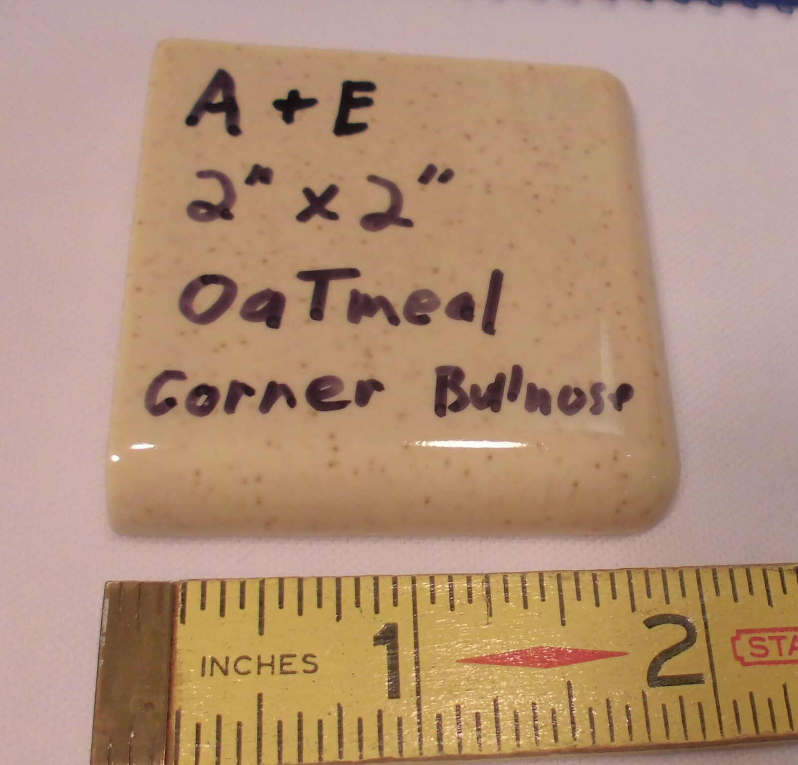 Oatmeal 2″ X 2″ X 5/16″ Ceramic Surface Bullnose Corner Tile; made 1940’s