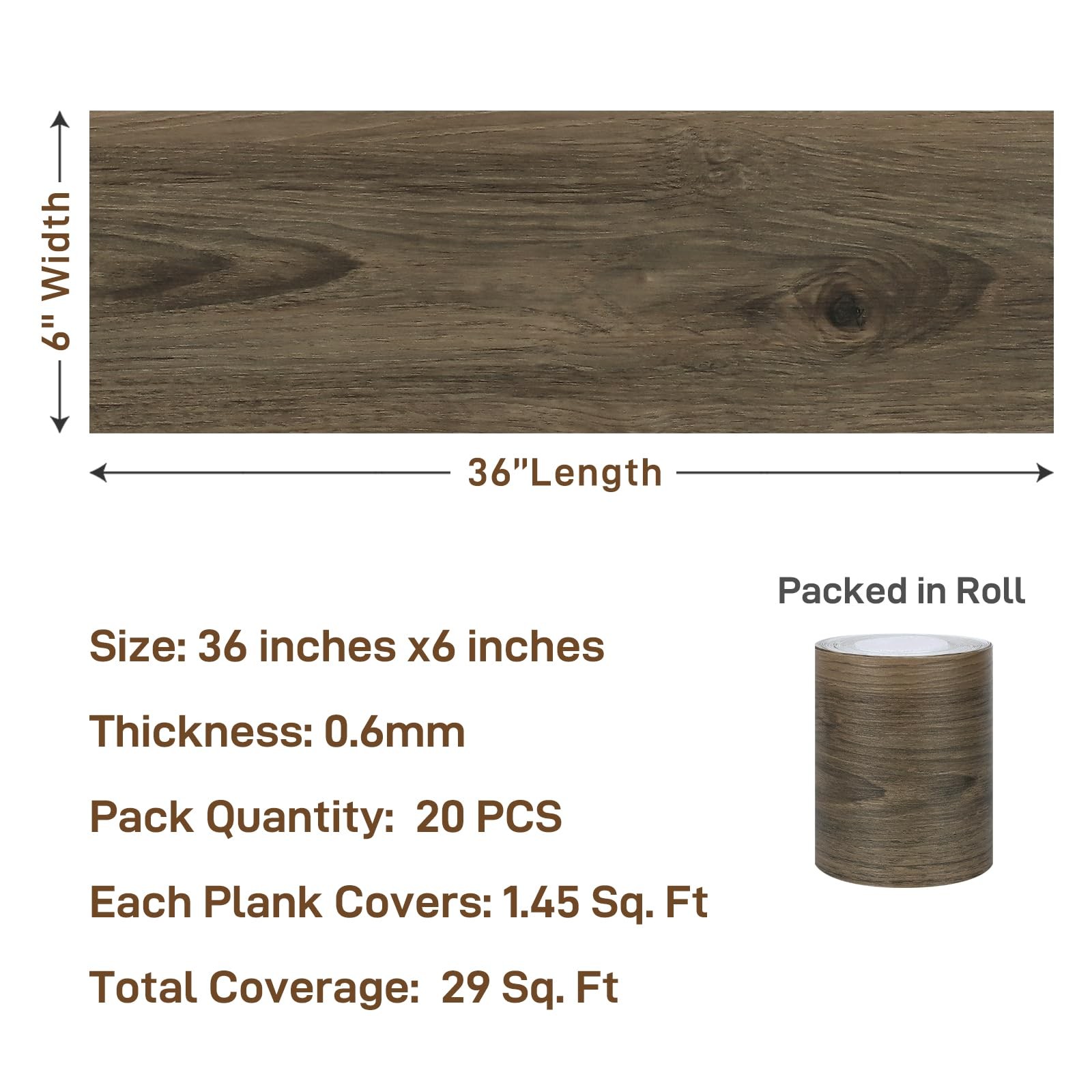 VaryPaper 36”x6” 20 Pcs Natural Brown Wood Vinyl Flooring Peel and Stick Floor