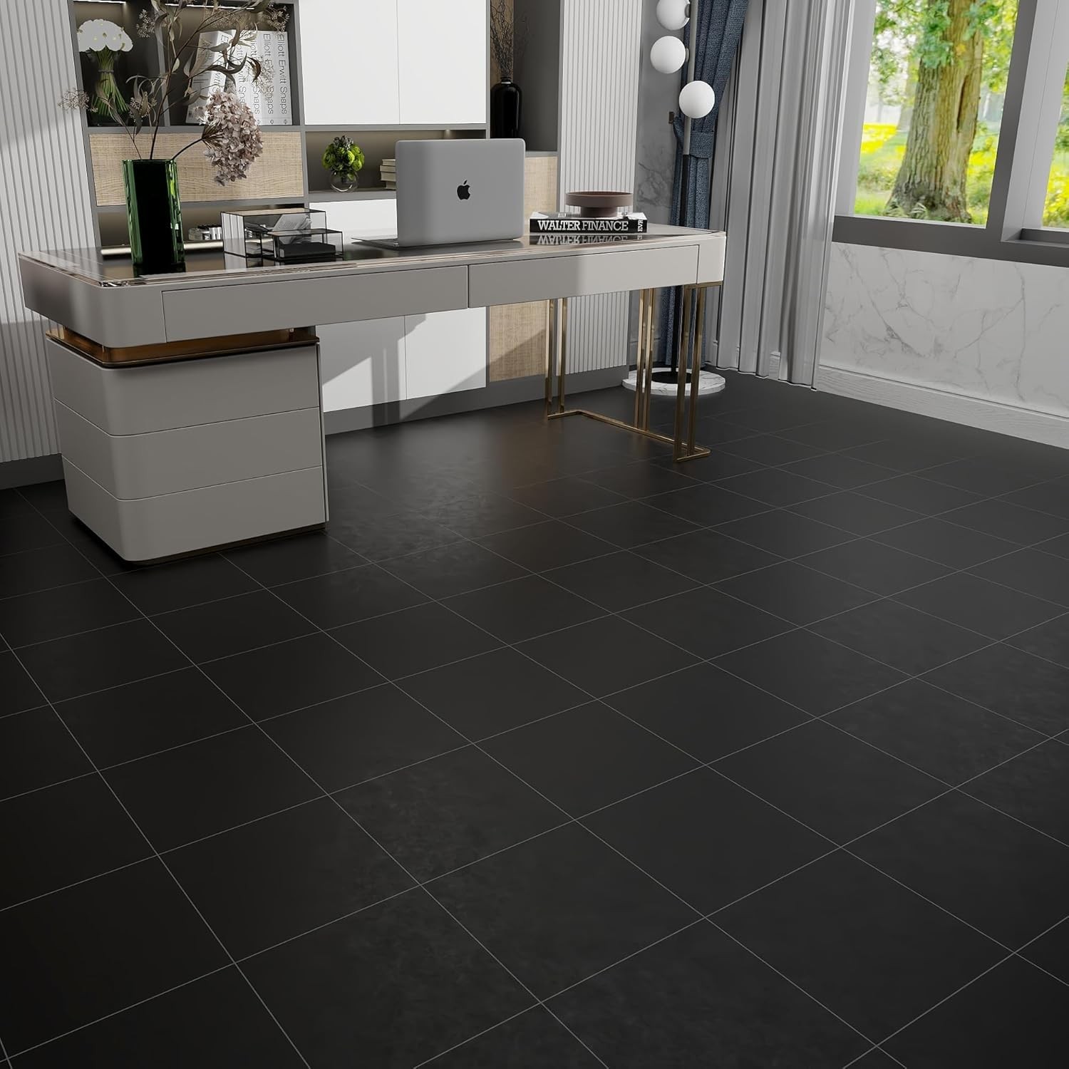 Black Marble Peel and Stick Vinyl Floor Tiles,20 Tiles – 12″ x 12″,Waterfproo…