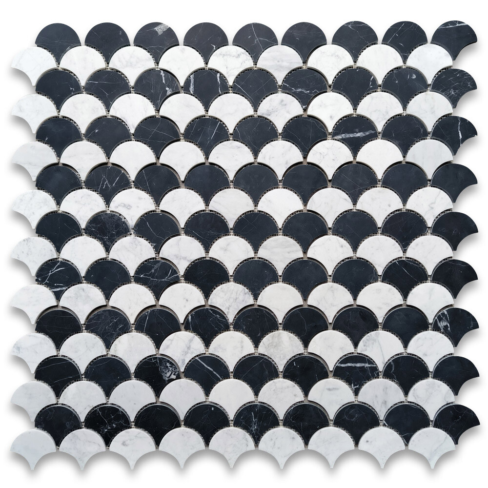 C9931XH Carrara White Nero Marquina Black Marble Fish Scale Fan Mosaic Tile