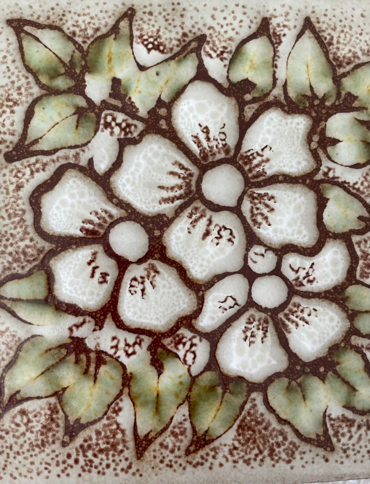 Six Vintage S. Marco Terra Cota or ceramic Decorative Wall Tiles, White Flowers