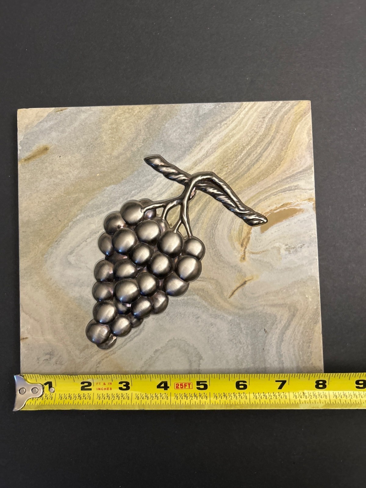 Marble with Inlaid Metal Grapes SET of 2 Designer 8″ x 8” Accent Tiles Tan Lot