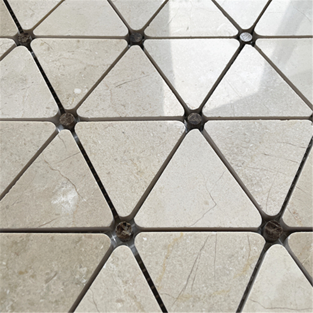 M854P Crema Marfil Marble Triangle Mosaic Tile Emperador Dark Dots Polished