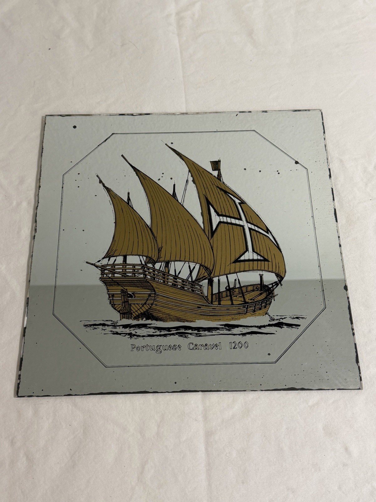 Vintage 70s 80s Mirro-Tile 12×12 Lot Of 6 Antique Gold Ships Viking Mirror Tiles