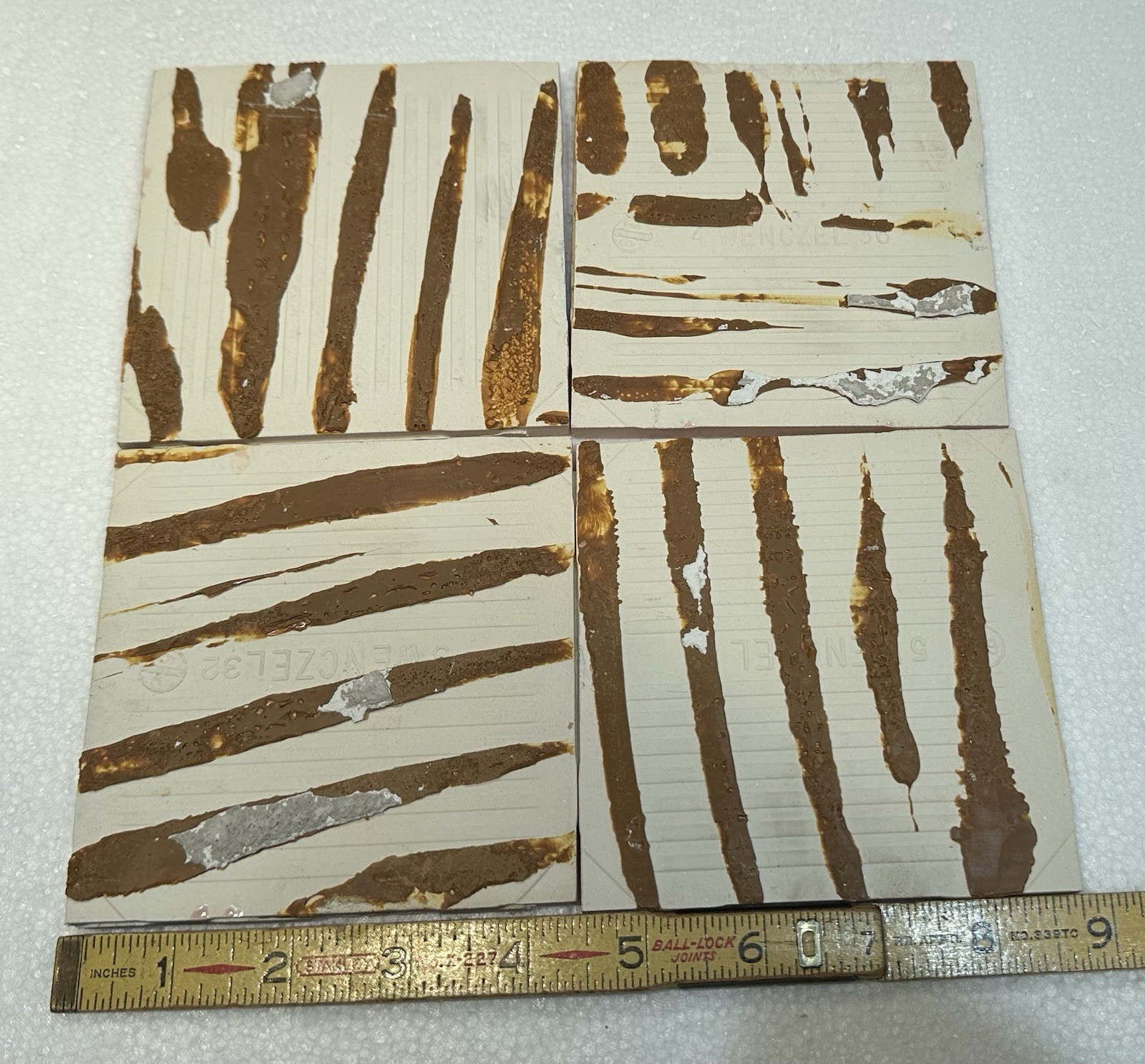 4 Corallin Pink Ceramic Tiles: by Wenczel Co. Used; all uncleaned & needs work