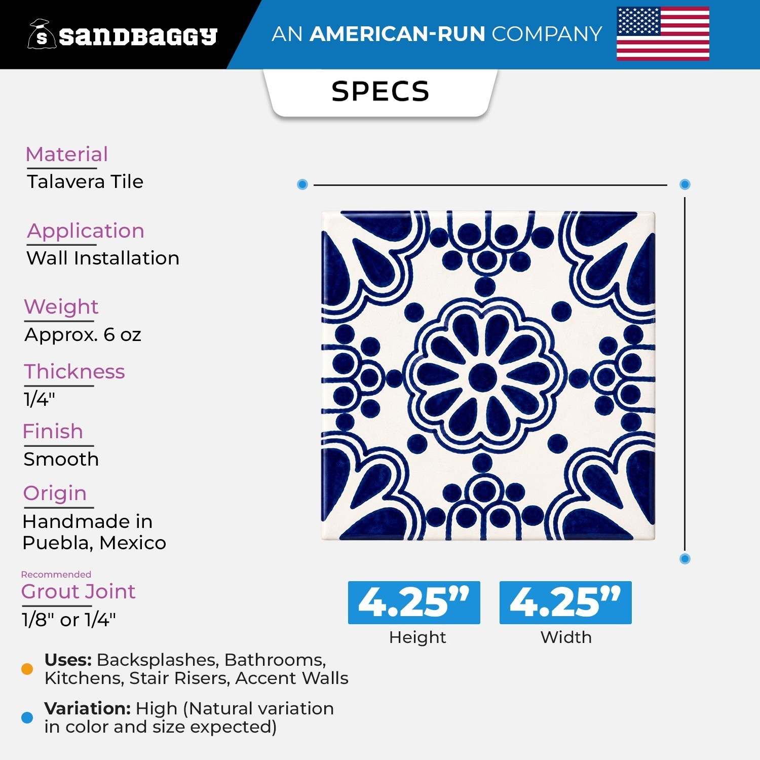Cobalt Rosette Medallion Talavera Tile 4.25” x 4.25” | Handmade Mexican Tile