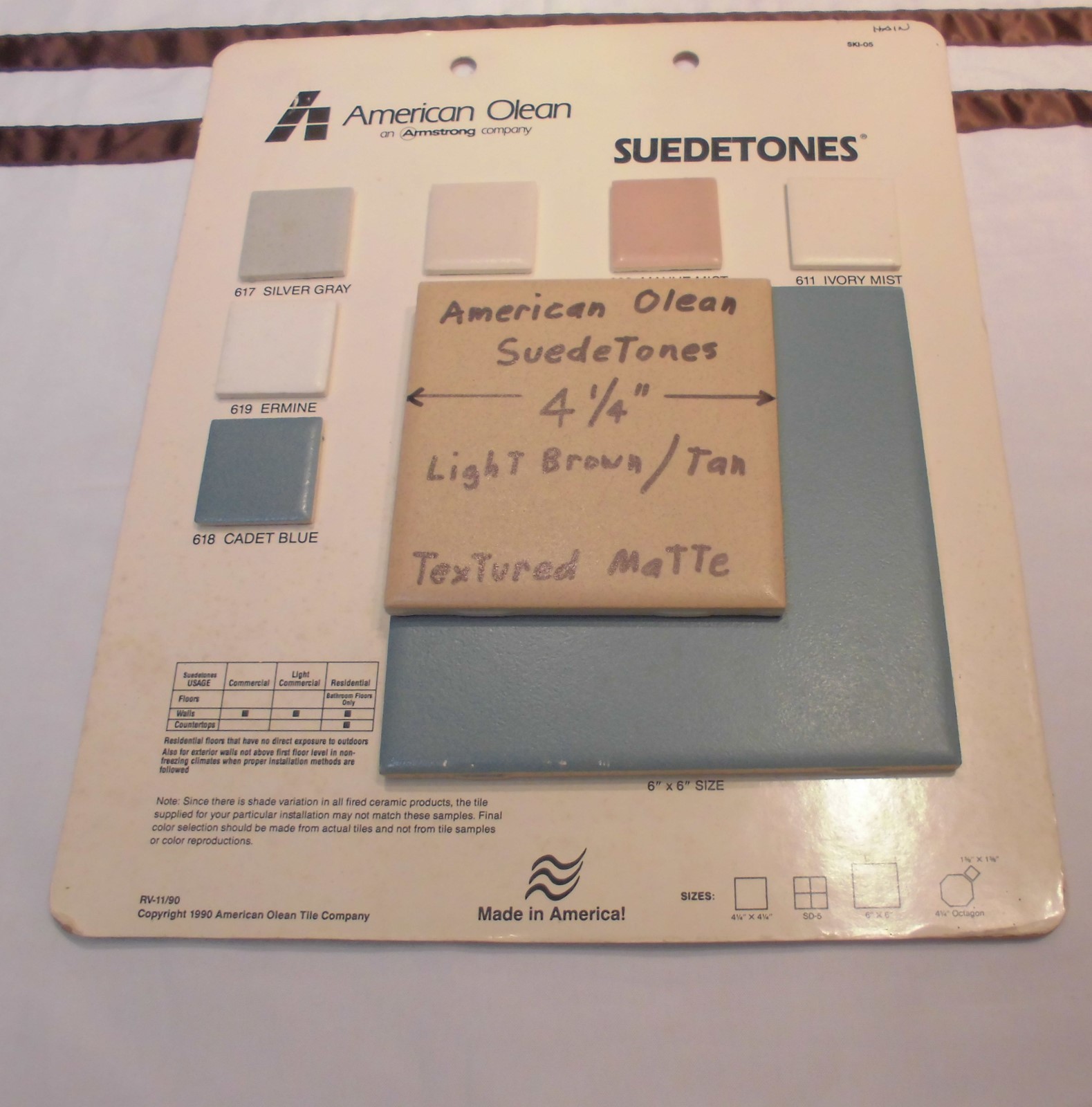 1 pc. *Light Brown* Ceramic Tiles *Suedetones* by American Olean Co. 4-1/4″ NOS